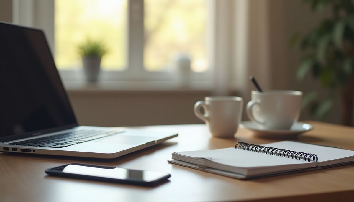 Un espace de travail à domicile propre et organisé, avec les outils du télétravail